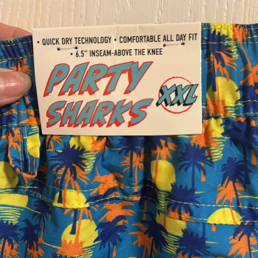 NWT Party Sharks Mens XXL Swim Trunks Palm Trees Quick Dry Comfort Pockets Beach